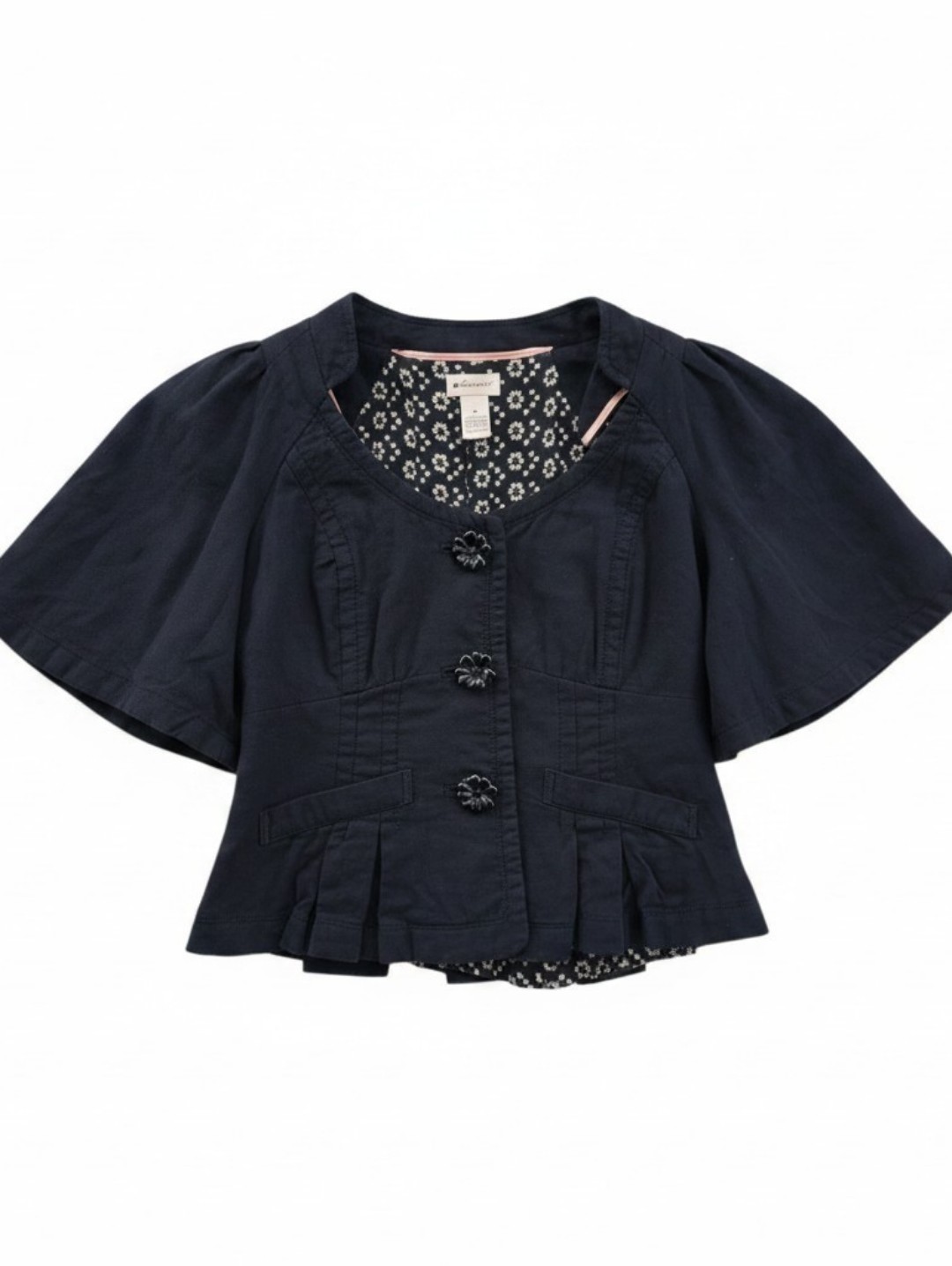 Anthropologie Elevenses Black Flutter Sleeve Cropped Shirt Jacket Size 8